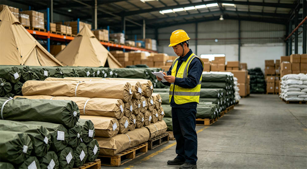 warehouse worker checking tent inventory and package labels