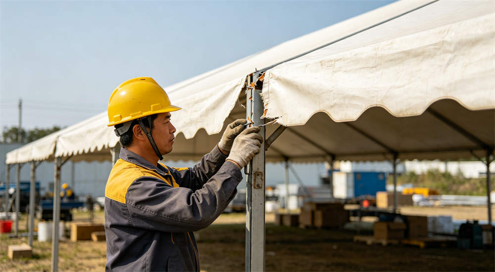 field repair worker replacing damaged tent pole section at site