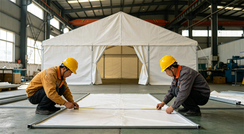 factory workers setting up complete tent sample for quality check