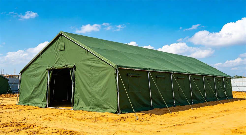 green canvas frame tent at construction site worker dormitory