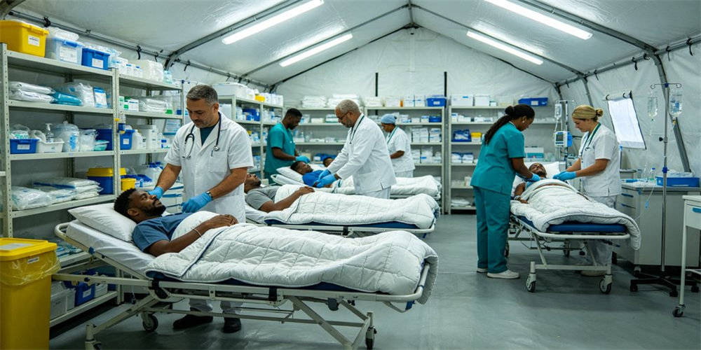 Medical emergency tent interior with patients resting under wool blankets and sleeping bags