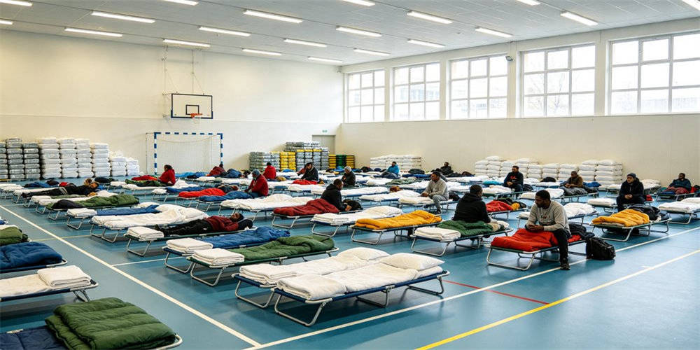Emergency shelter interior in sports gymnasium with rows of cots and thermal blankets