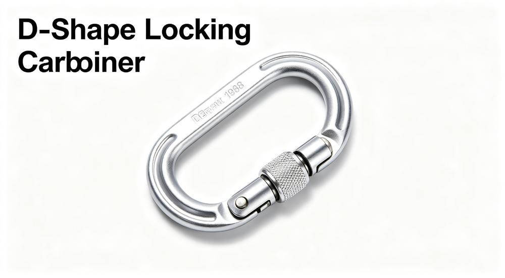 Silver aluminum D-shape locking carabiner for rope rescue and climbing on white background