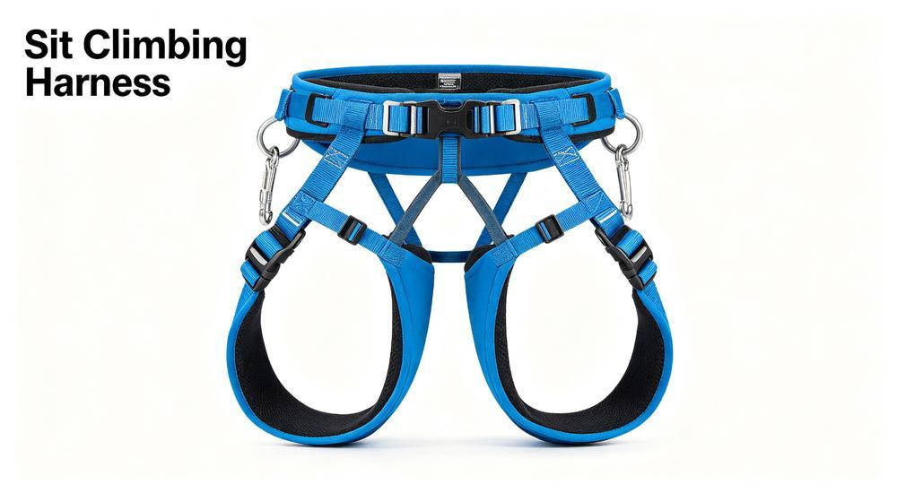 Blue sit climbing harness for rope rescue and industrial rope access on white background