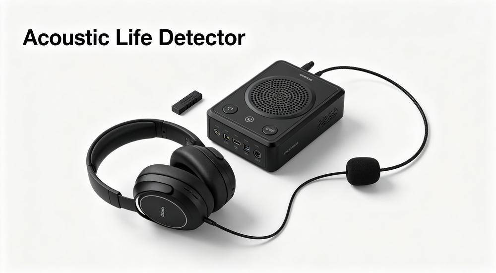 Acoustic life detection device undergoing packaging inspection before shipment on white background