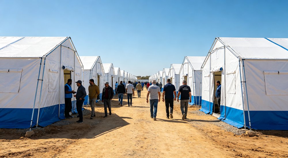 Emergency relief camp with rows of frame tents