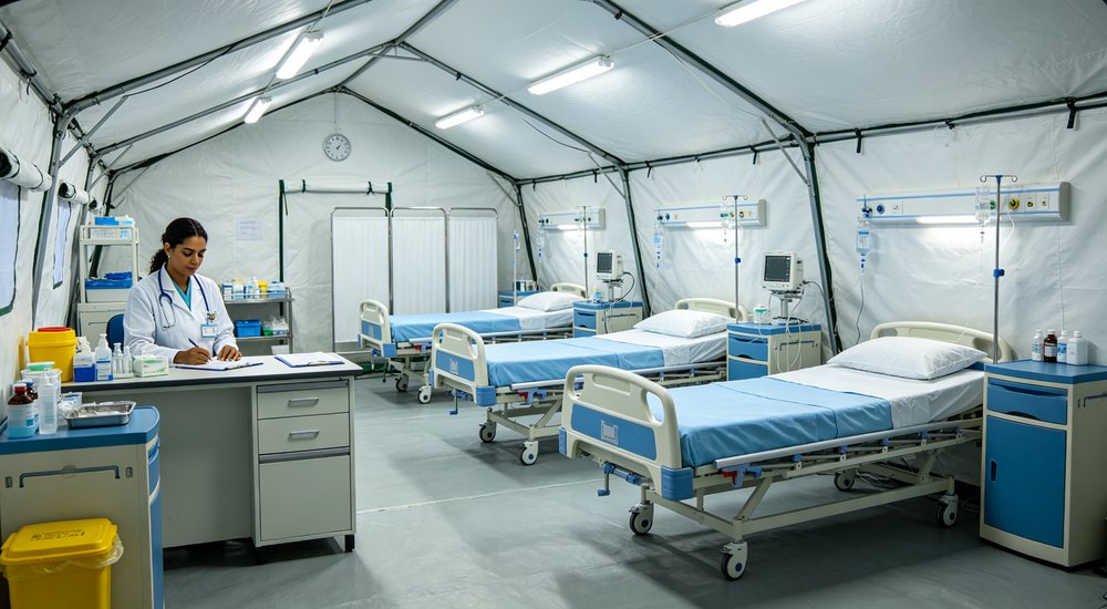 Medical care area inside frame tent hospital