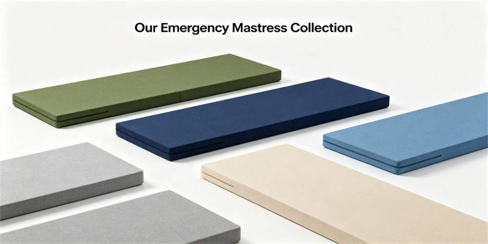 Institutional foam mattress product range displayed in several flat and folding configurations for configuration review.