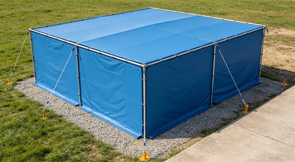 Outdoor relief frame tent on mixed ground in blue multi-surface showing tent installation across different terrain types including grass gravel and dirt