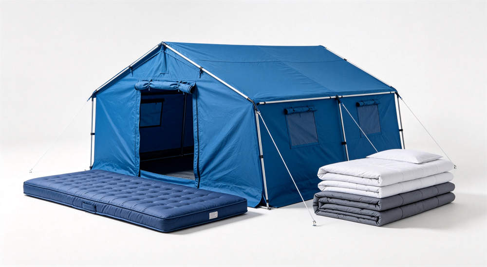 Blue product showcase of outdoor relief frame tent relief supplies kit with all tent components neatly arranged for product display and catalog photography