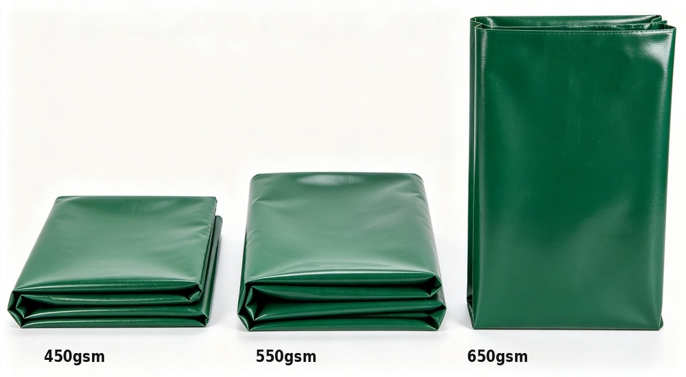 Material weight comparison display presenting 450gsm 550gsm and 650gsm tent tarpaulin options in blue green and beige, showing material thickness and flexibility difference for various climate relief tent applications