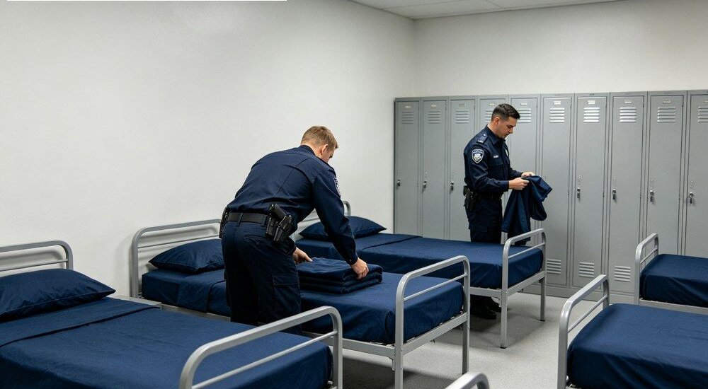 Police dormitory room with gray institutional bedding on bunk beds Police dormitory room with gray institutional bedding on bunk beds
