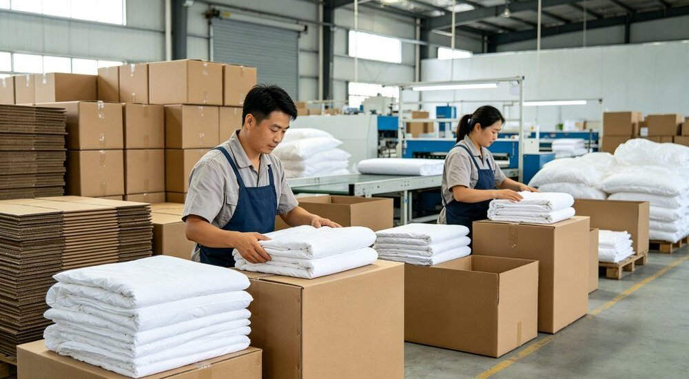 Factory workers packing institutional bedding sets into export cartons Factory workers packing institutional bedding sets into export cartons