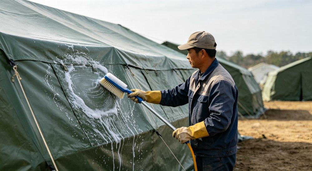 Storage facility photograph of khaki relief tent tarpaulin hanging on outdoor drying lines, fabric airing and drying process visible showing proper storage preparation and mold prevention for emergency shelter equipment maintenance