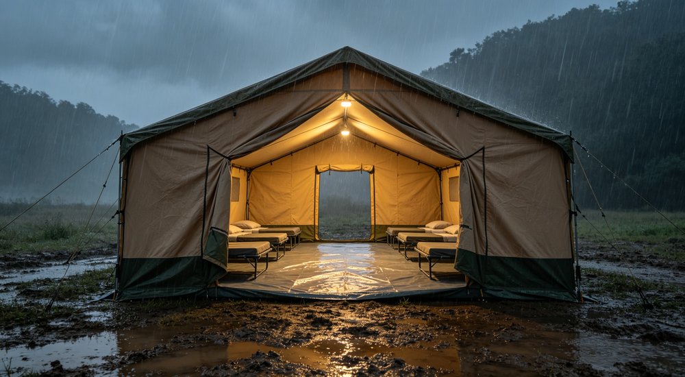 Interior warm light photograph of relief tent during rainy weather with beds arranged on PE grey floor covering, cozy sleeping quarters visible showing comfortable interior setup and wet weather protection for displaced persons