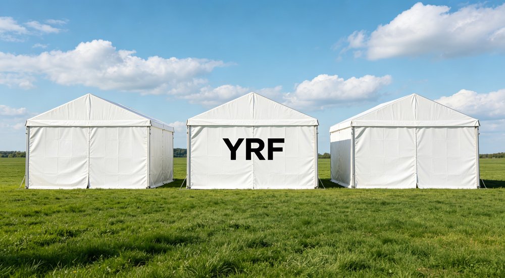 Product tier display showing three price range options of beige and white relief tents from basic to premium, cost and feature difference visible helping buyers select appropriate emergency shelter within budget constraints