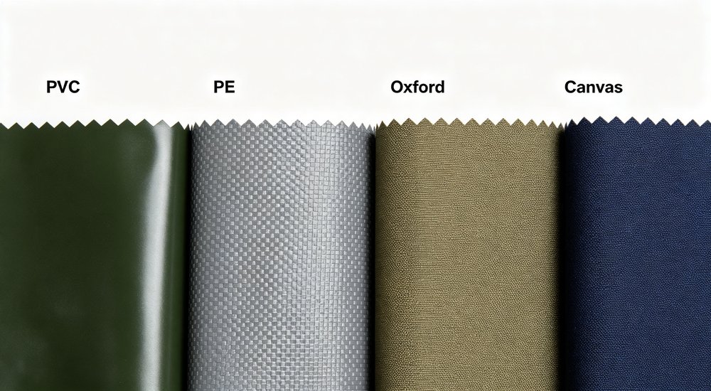 Split-view comparison of relief frame tent for hot and rainy climate - Fabriccomparison Fourmaterials Swatches - emergency shelter product photography in white green and beige relief tent colors