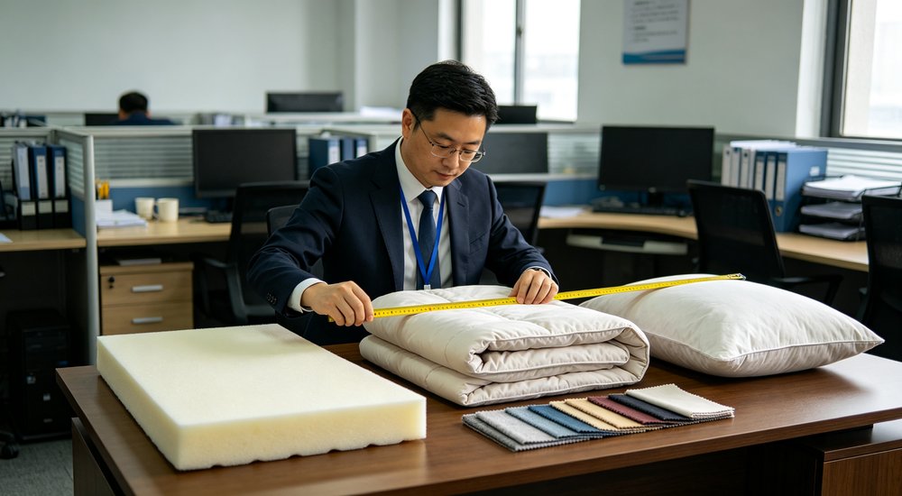 Eye-level office photograph of Chinese procurement officer measuring thin foam mattress duvet insert and pillow with yellow tape measure showing fabric sample swatches on desk