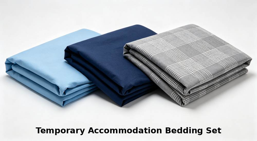 Detailed product shot of folded temporary accommodation bedding sets in sky blue navy and grey checkered colors on clean white background showing fabric texture