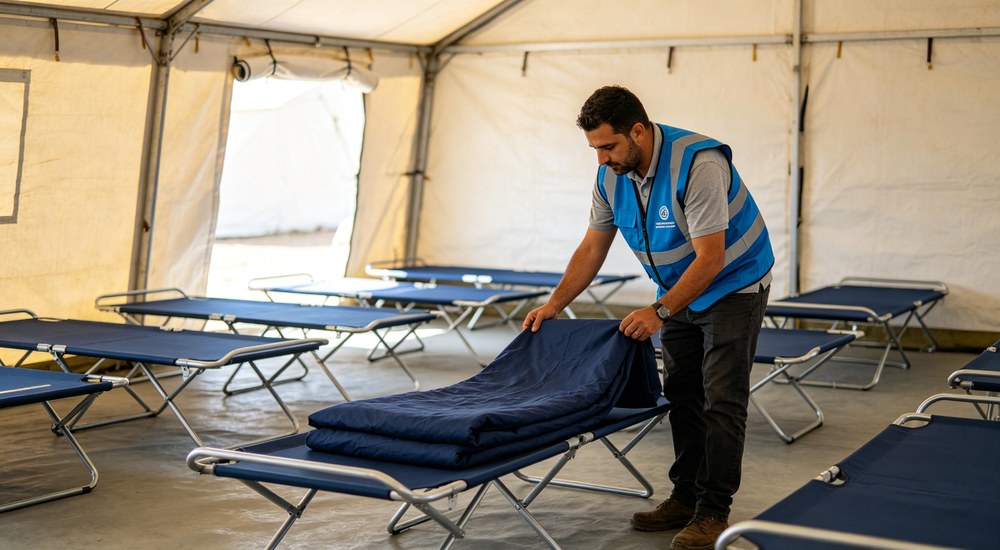 Interior tent photograph of refugee camp folding bed zone with aid worker in blue vest arranging navy blue bedding sets on metal cots showing humanitarian accommodation