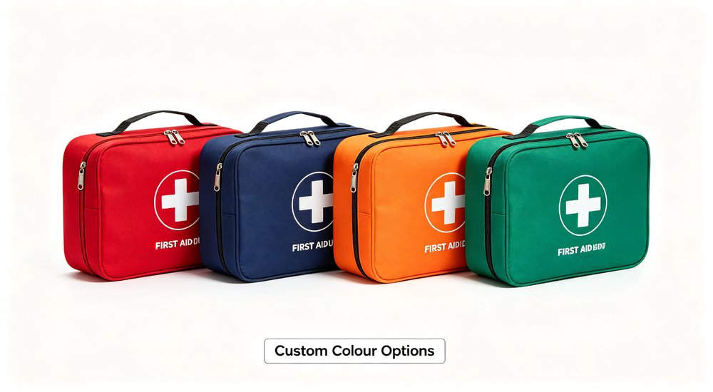 Eye-level FAQ comparison scene showing different medical kit sizes and configurations side by side to answer customer questions about capacity and suitability for various needs