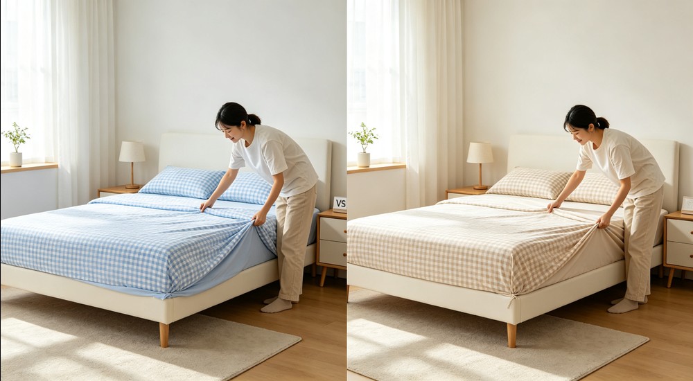 Split scene comparison of person tucking flat sheet under mattress with sky blue checkered bedding versus person pulling fitted sheet over corners with beige checkered bedding, both bright bedrooms