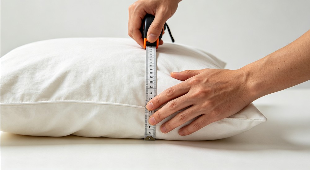 Close-up of hands in white shirt using soft measuring tape to measure a folded white duvet insert on a clean table, bright room with natural light
