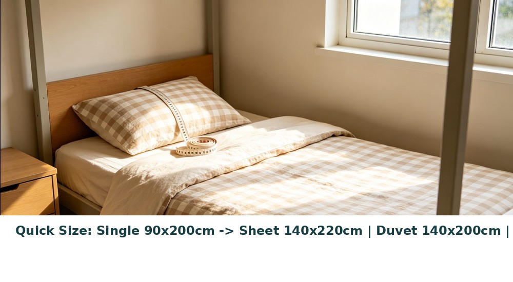Quick size reference infographic showing standard single bed dimensions with sheet duvet cover and pillowcase measurements, beige checkered bedding background