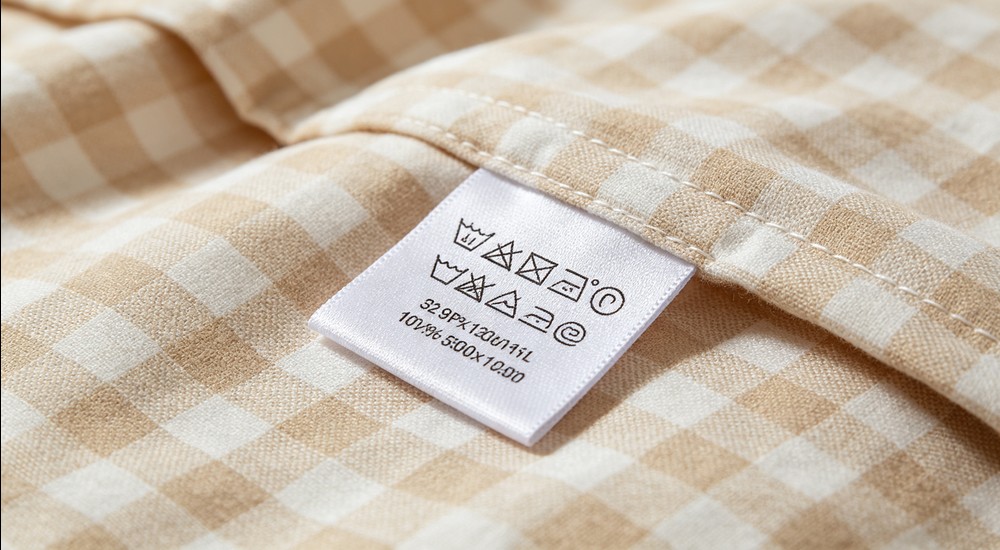 Detailed close-up of white woven care label sewn onto beige checkered bedding fabric showing washing temperature symbols and size information, sharp focus on label