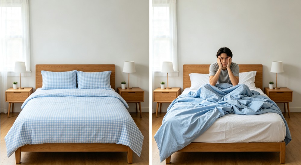 Split scene comparison of perfectly made sky blue checkered bed smooth and inviting versus same bed with sheet slipping off corners and duvet bunched messy, person looking frustrated