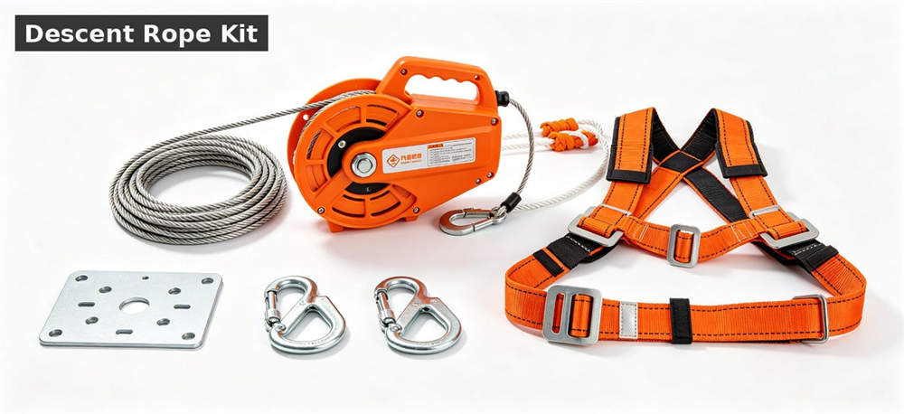 Descent rope kit with harness and anchor components for emergency escape for government stockpile, institutional supply and emergency Descent rope kit with harness and anchor components for emergency escape for government stockpile, institutional supply and emergency