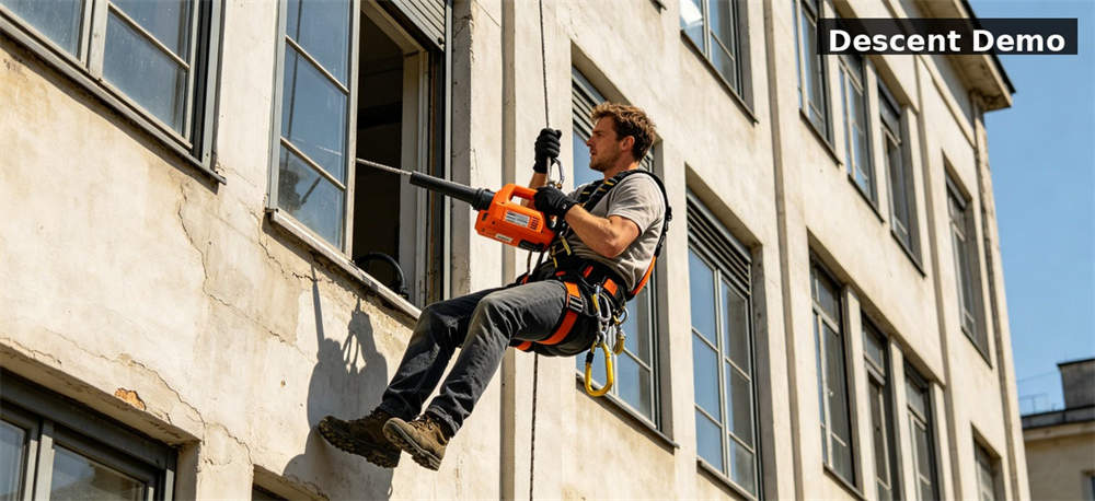Employee using a smoke escape hood during an office evacuation exercise for government stockpile, institutional supply and emergency