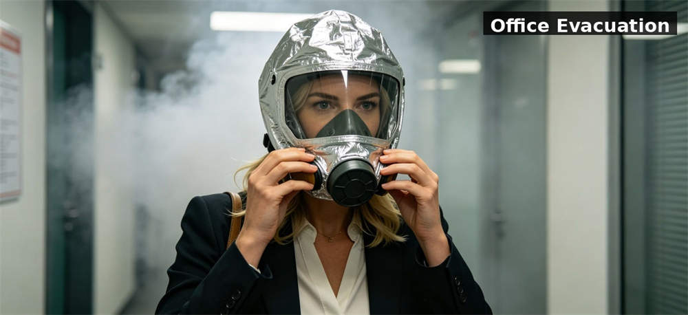Family using smoke escape hoods during an evacuation exercise for government stockpile, institutional supply and emergency