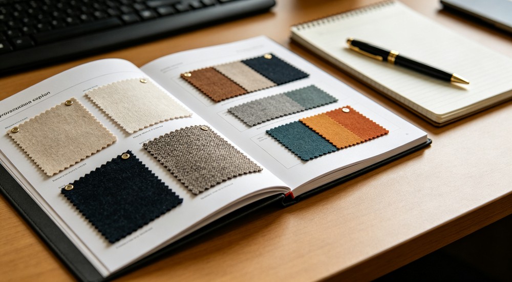 Close-up procurement sample book open on wooden desk with fabric swatches of various colors and materials alongside pen - suitable for institutional and emergency shelter procurement