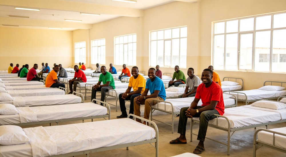 Emergency shelter dormitory with metal single beds and white institutional bedding for displaced people