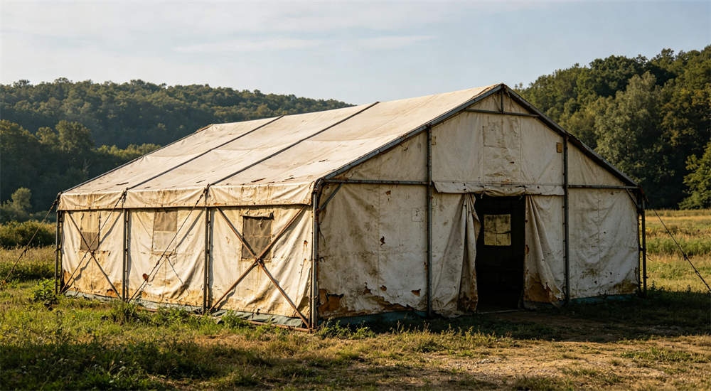 Two different steel frame tent configurations side by side, medical treatment tent versus family accommodation tent, different interior layouts, professional product for B2B wholesale and government procurement, durable construction for emergency response
