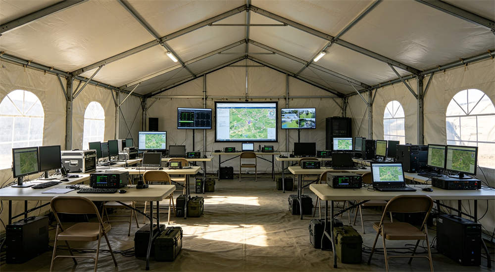 Family accommodation interior of steel frame tent with cots and personal belongings, refugee shelter living space for displaced families, professional product for B2B wholesale and government procurement, durable construction for emergency response