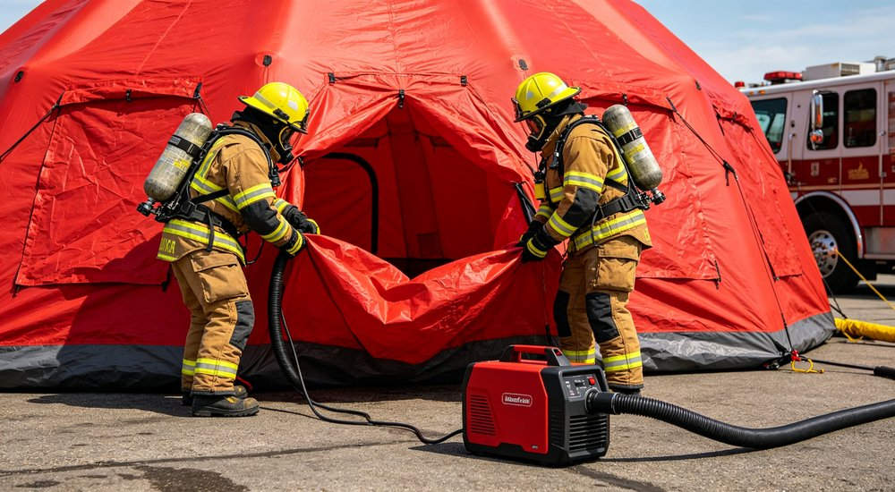 Firefighters in protective gear rapidly inflating red air beam fire rescue tent at emergency scene, electric air pump connected, action shot, professional B2B product photography