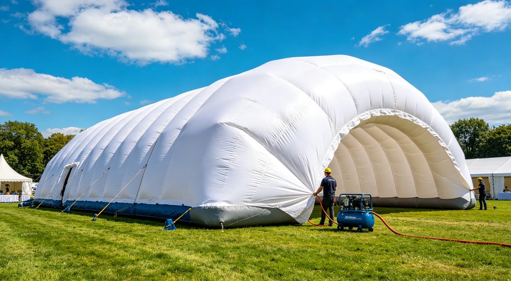 Large emergency shelter tent installed at disaster relief site providing weatherproof accommodation for affected populations with reinforced structure and quality materials visible