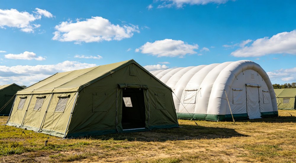 Humanitarian relief tent photographed at aid distribution camp providing reliable shelter with strong steel framework quality stitching and weather resistant fabric for disaster affected communities