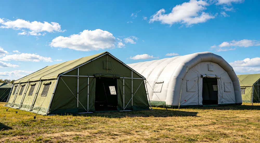 Heavy duty emergency frame tent displayed in operational setting demonstrating quick setup capability durable canvas exterior and spacious interior capacity for humanitarian relief missions