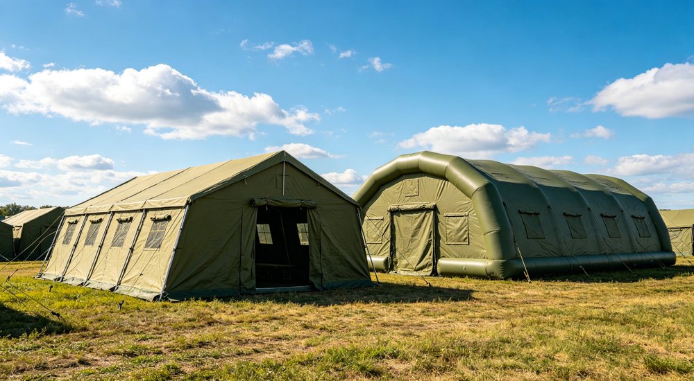 Professional emergency relief tent photographed in field deployment showing sturdy construction waterproof fabric and steel frame design suitable for disaster response and humanitarian aid operations
