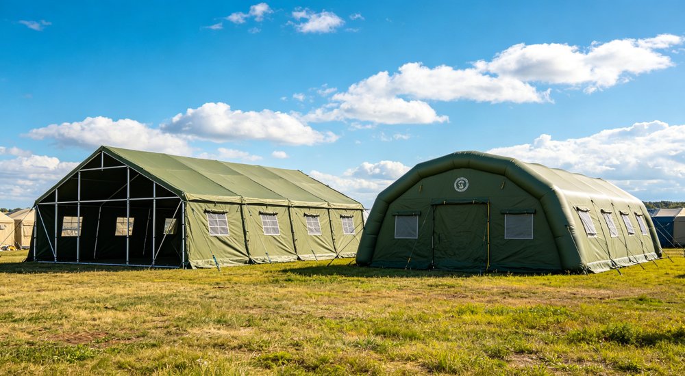 Large emergency shelter tent installed at disaster relief site providing weatherproof accommodation for affected populations with reinforced structure and quality materials visible