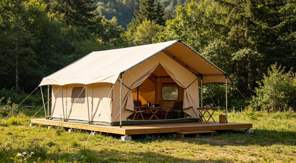 Heavy duty emergency frame tent displayed in operational setting demonstrating quick setup capability durable canvas exterior and spacious interior capacity for humanitarian relief missions