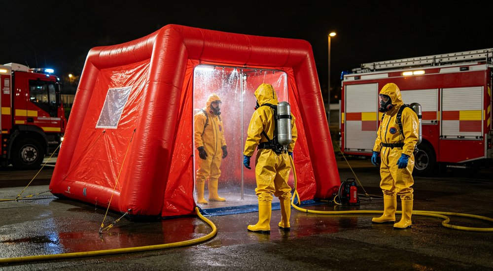 Worker cleaning and drying red fire rescue tent canvas after use, maintenance and storage preparation with water hose, outdoor maintenance scene, professional photography