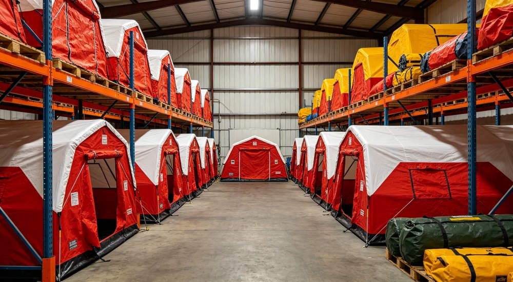 Urban fire emergency scene with red inflatable command tent set up, incident commander coordinating response outside tent with fire trucks, professional emergency photography