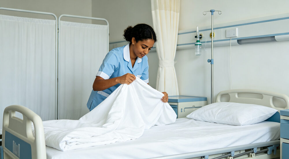 Wide-angle view of emergency shelter facility with clean institutional bedding arranged for disaster relief victims suitable for emergency shelters hospitals universities and hotels requiring durable comfortable bedding solutions