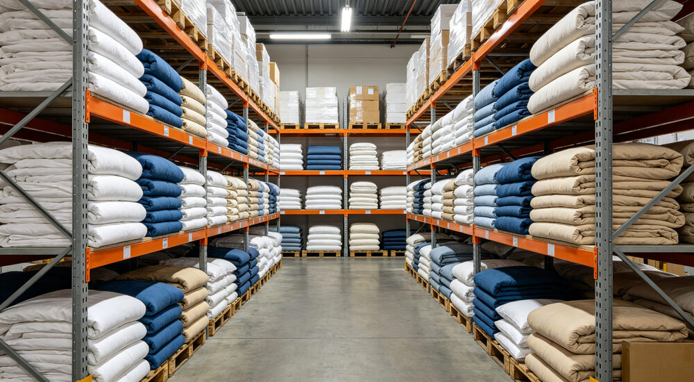 Warehouse storage facility with neatly stacked institutional bedding bundles organized for bulk inventory management and rapid shipment suitable for emergency shelters hospitals universities and hotels requiring durable comfortable bedding solutions