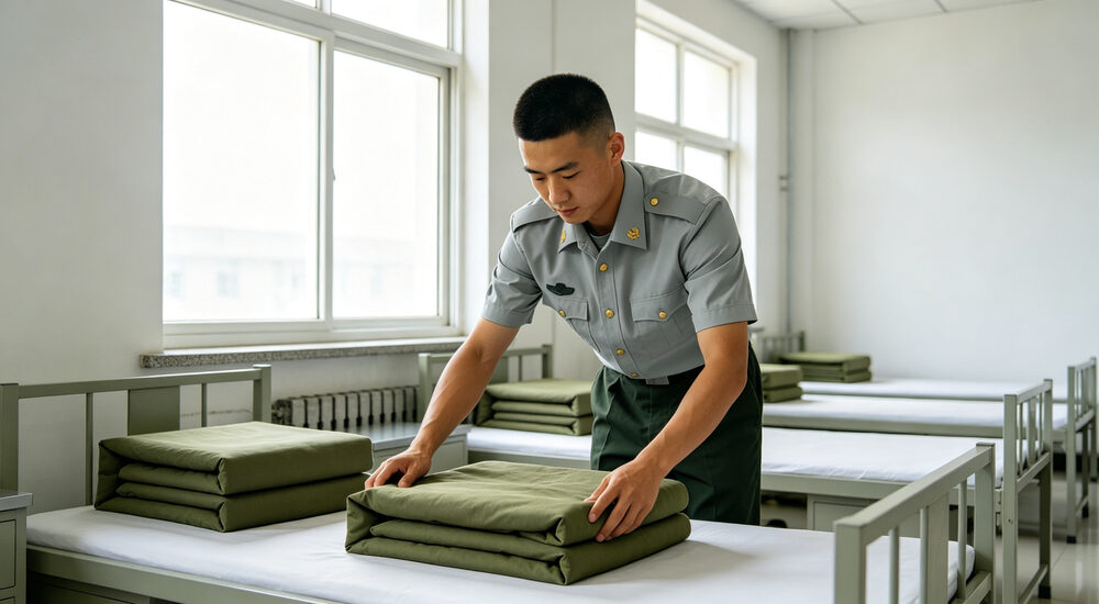 Military barracks interior with standardized institutional bedding arranged for personnel accommodation and inspection readiness suitable for emergency shelters hospitals universities and hotels requiring durable comfortable bedding solutions