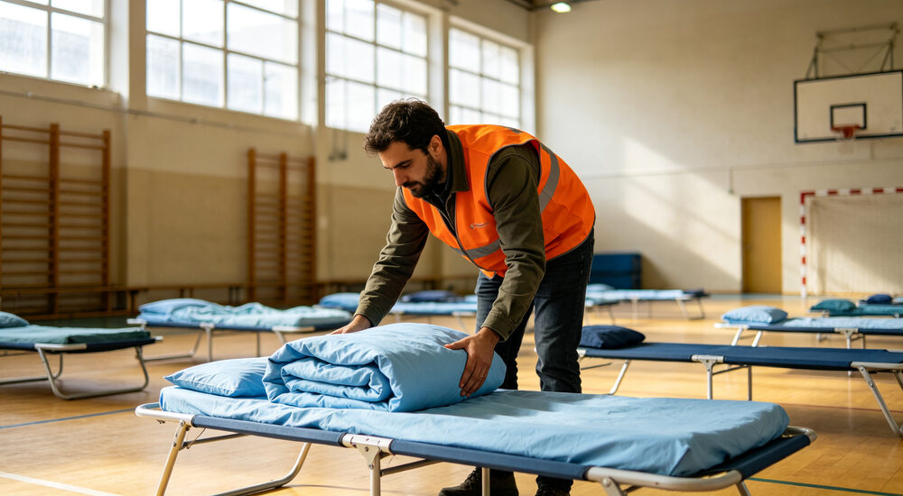 Military barracks interior with standardized institutional bedding arranged for personnel accommodation and inspection readiness suitable for emergency shelters hospitals universities and hotels requiring durable comfortable bedding solutions